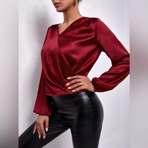 NEW - Elegant‎ Burgundy Satin Blouse - Picture 3 of 6